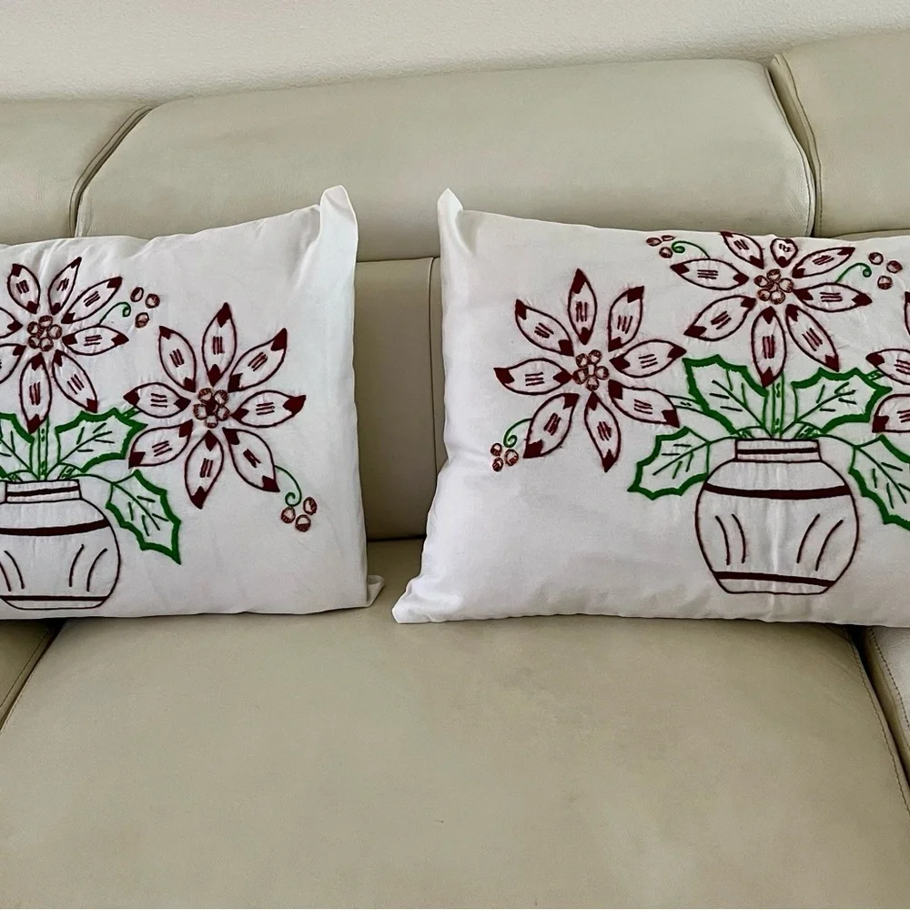 Festive Floral Embroidered Throw Pillows - Set of 2 18/25 Inches
